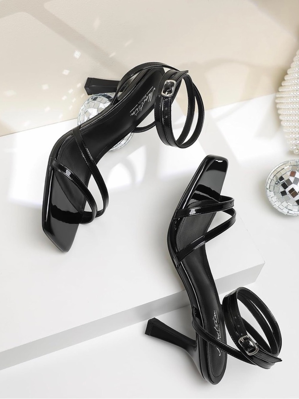 Patent Black Strappy Ankle-Heel Sandals